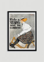 Plakat w drewnianej czarnej ramce: Ride a Stearns and be content (1896)