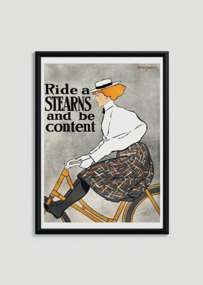 Plakat w drewnianej czarnej ramce: Ride a Stearns and be content (1896)