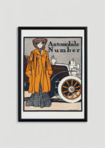 Plakat w drewnianej czarnej ramce: Automobile number kobieta przy samochodzie (1903)