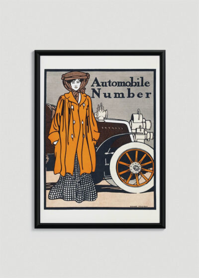 Plakat w drewnianej czarnej ramce: Automobile number kobieta przy samochodzie (1903)