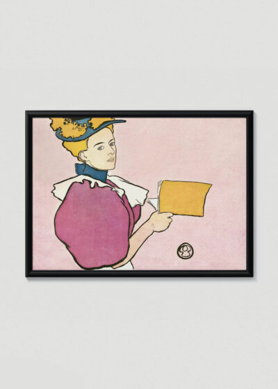 Plakat w drewnianej czarnej ramce: Kobieta trzymająca książkę (1896)