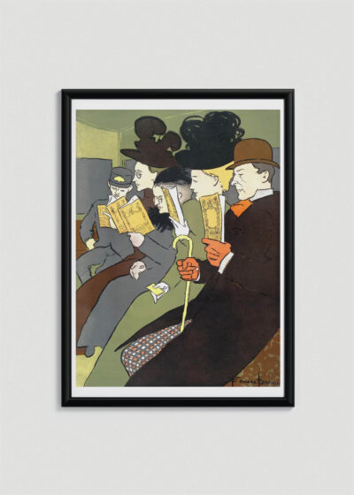 Plakat w drewnianej czarnej ramce: Ludzie w podróży czytający książki (1895)