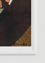 Zbliżenie na detale plakatu oprawionego w drewnianą białą ramkę od Plakatello®: Ludzie w podróży czytający książki (1895)