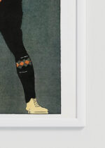 Zbliżenie na detale plakatu oprawionego w drewnianą białą ramkę od Plakatello®: Golfista (1898)