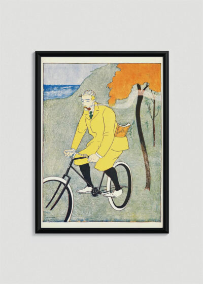 Plakat w drewnianej czarnej ramce: Mężczyzna na rowerze (1894)
