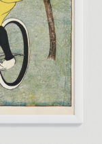 Zbliżenie na detale plakatu oprawionego w drewnianą białą ramkę od Plakatello®: Mężczyzna na rowerze (1894)