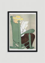 Plakat w drewnianej czarnej ramce: Kobieta czytająca książkę w fotelu bujanym (1899)