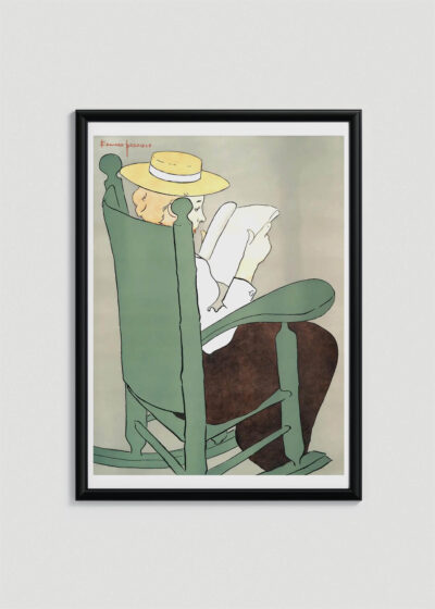 Plakat w drewnianej czarnej ramce: Kobieta czytająca książkę w fotelu bujanym (1899)