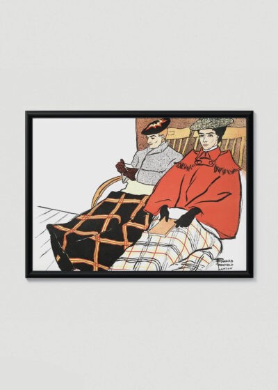 Plakat w drewnianej czarnej ramce: Kobieta i mężczyzna siedzący pod kocami (1897)