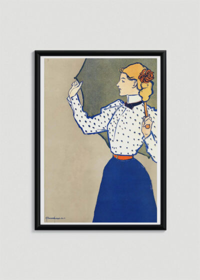 Plakat w drewnianej czarnej ramce: Kobieta trzymająca parasol nad głową (1897)
