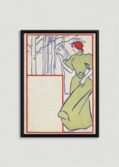 Plakat w drewnianej czarnej ramce: Kobieta w zielonej sukni czytająca książkę (1895)