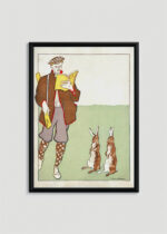 Plakat w drewnianej czarnej ramce: Mężczyzna czytający książkę z zającami (1895)