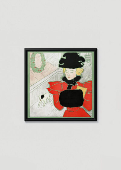 Plakat w drewnianej czarnej ramce: Kobieta w czerwonym stroju (1896) świąteczny vintage