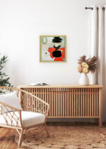 Aranżacja wnętrza, na ścianie wisi plakat w ramce: Kobieta w czerwonym stroju (1896) świąteczny vintage