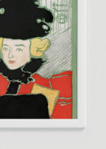 Zbliżenie na detale plakatu oprawionego w drewnianą białą ramkę od Plakatello®: Kobieta w czerwonym stroju (1896) świąteczny vintage