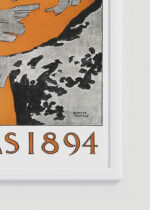 Zbliżenie na detale plakatu oprawionego w drewnianą białą ramkę od Plakatello®: Christmas (1894) świąteczny vintage