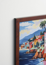 Plakat oprawiony w drewnianą brązową ramkę Vintage Italia: Kamieniczki nad morskim wybrzeżem