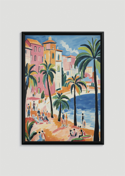 Plakat w drewnianej czarnej ramce: Plaża z palmami