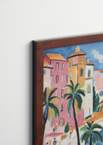 Plakat oprawiony w drewnianą brązową ramkę Vintage Italia: Plaża z palmami