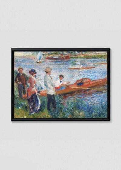 Plakat w drewnianej czarnej ramce: Renoir Wioślarze w Chatou 1879 impresjonizm