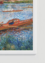 Zbliżenie na detale plakatu oprawionego w drewnianą białą ramkę od Plakatello®: Renoir Wioślarze w Chatou 1879 impresjonizm