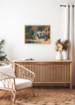 Aranżacja wnętrza, na ścianie wisi plakat w ramce: Renoir W Bretanii 1886 En Bretagne kobiety w ogrodzie