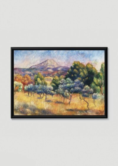 Plakat w drewnianej czarnej ramce: Renoir Góra Świętej Wiktorii 1888-89 krajobraz prowansalski