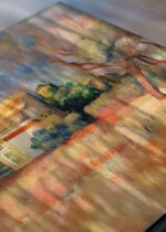 Zbliżenie na detale plakatu: Renoir Gołębnik w Bellevue 1888 pejzaż francuski