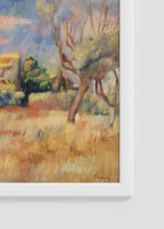 Zbliżenie na detale plakatu oprawionego w drewnianą białą ramkę od Plakatello®: Renoir Gołębnik w Bellevue 1888 pejzaż francuski