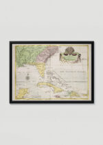 Plakat w drewnianej czarnej ramce: vintage do gabinetu historyczna mapa USA Karolina Floryda Bahamy XVIII w.