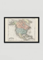 Plakat w drewnianej czarnej ramce: stara mapa Ameryki Północnej Atlas Universel