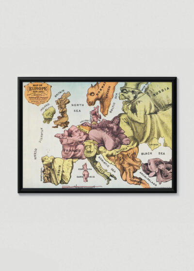 Plakat w drewnianej czarnej ramce: satyryczna mapa Europy 1870 vintage antyczna