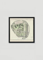 Plakat w drewnianej czarnej ramce: XVIII-wieczny plan ogrodu pałacowego Marybone Park Farm