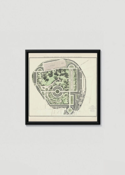 Plakat w drewnianej czarnej ramce: XVIII-wieczny plan ogrodu pałacowego Marybone Park Farm