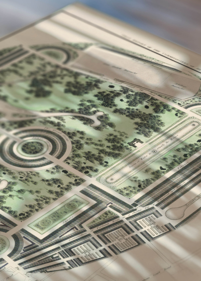 Zbliżenie na detale plakatu: XVIII-wieczny plan ogrodu pałacowego Marybone Park Farm