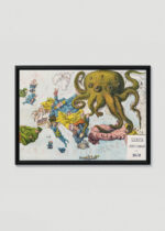 Plakat w drewnianej czarnej ramce: satyryczna mapa Europy 1878 ośmiornica