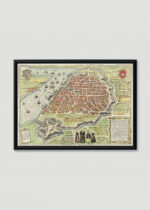 Plakat w drewnianej czarnej ramce: historyczna mapa Antwerpii XVI wiek Braun