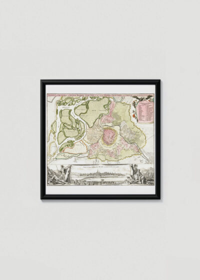 Plakat w drewnianej czarnej ramce: historyczna mapa Wiednia XVII/XVIII wiek