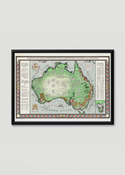 Plakat w drewnianej czarnej ramce: vintage mapa Australii 1927-28 styl kolonialny