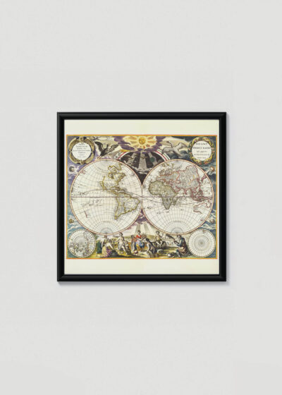 Plakat w drewnianej czarnej ramce: mapa świata vintage XVII wiek Nieuwe Werelt Kaert