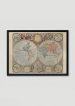 Plakat w drewnianej czarnej ramce: Mapa Świata vintage XVIII wiek barokowa kartografia