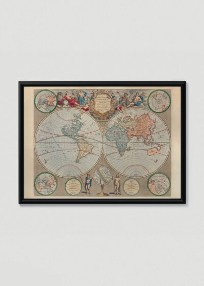 Plakat w drewnianej czarnej ramce: Mapa Świata vintage XVIII wiek barokowa kartografia