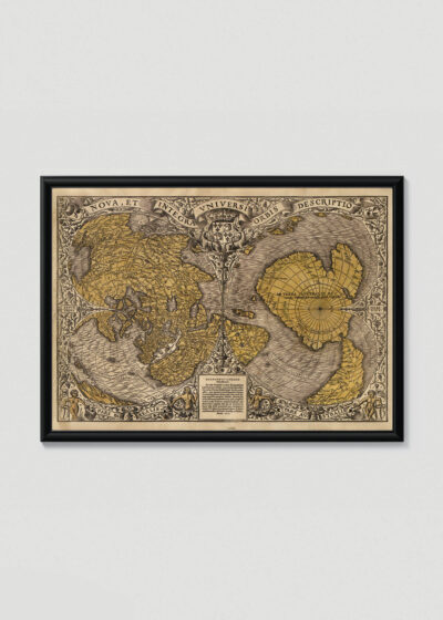 Plakat w drewnianej czarnej ramce: mapa świata XVI wiek stara kartografia vintage