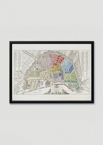 Plakat w drewnianej czarnej ramce: historyczna mapa Amsterdam XVII wiek fortyfikacje