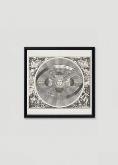 Plakat w drewnianej czarnej ramce: mapa nieba vintage XVII w. czarno-biała model heliocentryczny Kopernik