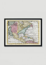 Plakat w drewnianej czarnej ramce: historyczna mapa Ameryki XVII wiek vintage
