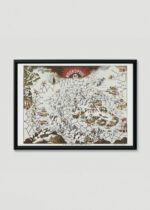 Plakat w drewnianej czarnej ramce: mapa-gra planszowa arktyczna Noordpool 40 z 1652 roku