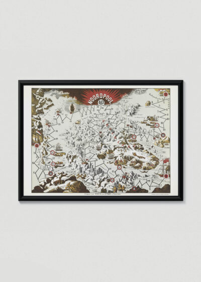 Plakat w drewnianej czarnej ramce: mapa-gra planszowa arktyczna Noordpool 40 z 1652 roku