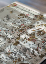 Zbliżenie na detale plakatu: mapa-gra planszowa arktyczna Noordpool 40 z 1652 roku