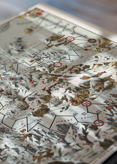 Zbliżenie na detale plakatu: mapa-gra planszowa arktyczna Noordpool 40 z 1652 roku